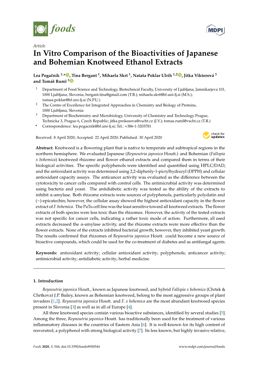 In Vitro Comparison of the Bioactivities of Japanese and Bohemian Knotweed Ethanol Extracts