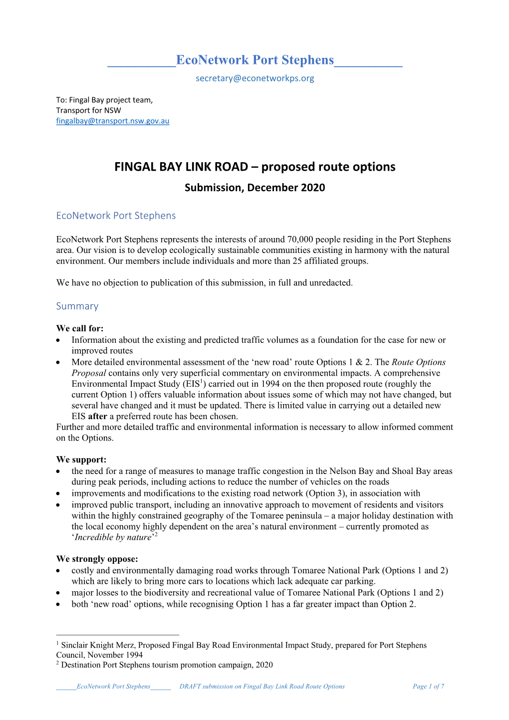 FINGAL BAY LINK ROAD – Proposed Route Options Submission, December 2020