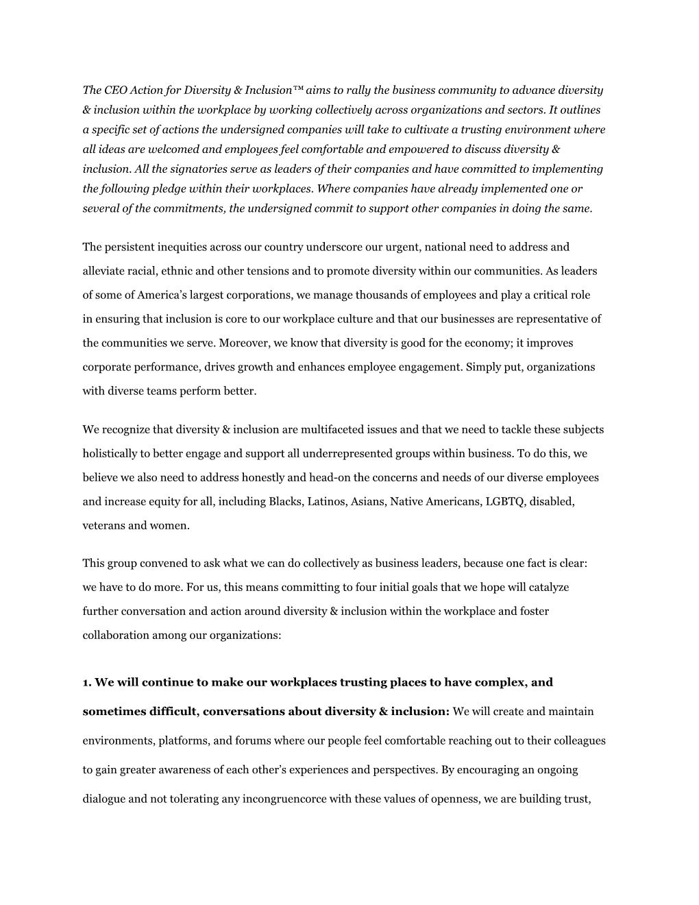 The CEO Action for Diversity & Inclusion™ Aims to Rally the Business Community to Advance Diversity & Inclusion Within