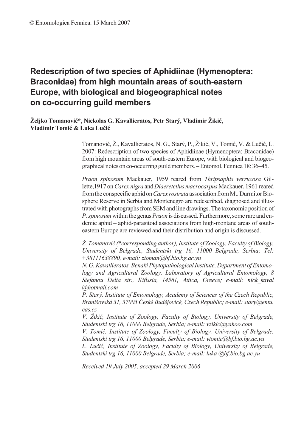 Redescription of Two Species of Aphidiinae (Hymenoptera: Europe