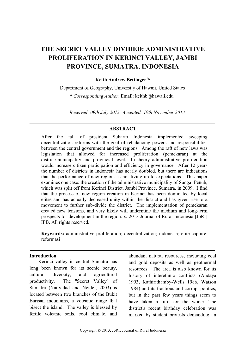 Administrative Proliferation in Kerinci Valley, Jambi Province, Sumatra, Indonesia