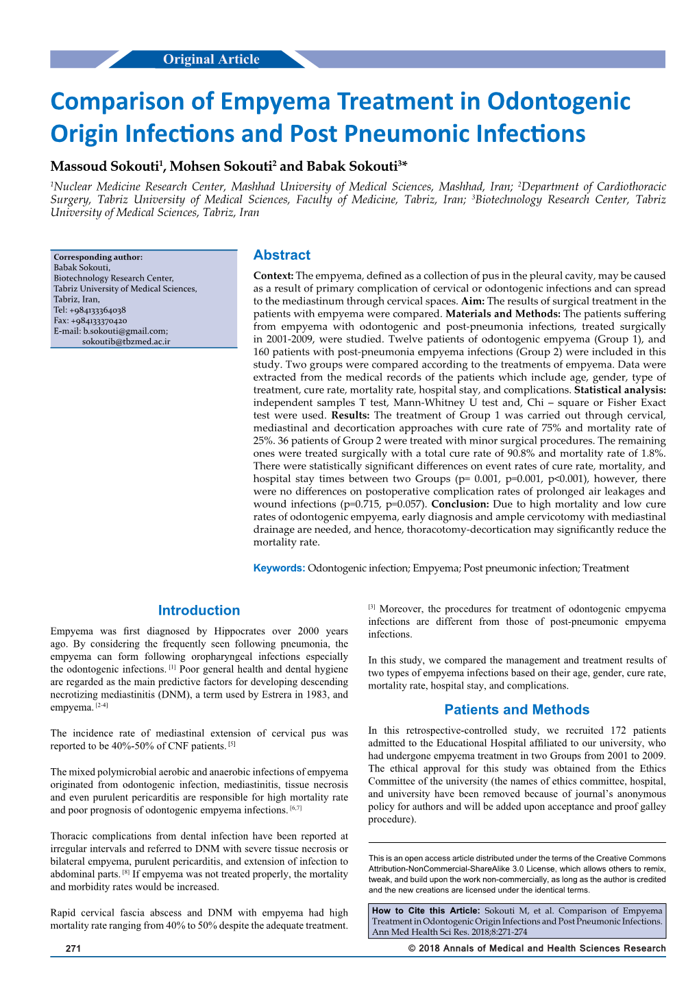 Comparison of Empyema Treatment in Odontogenic Origin Infections And