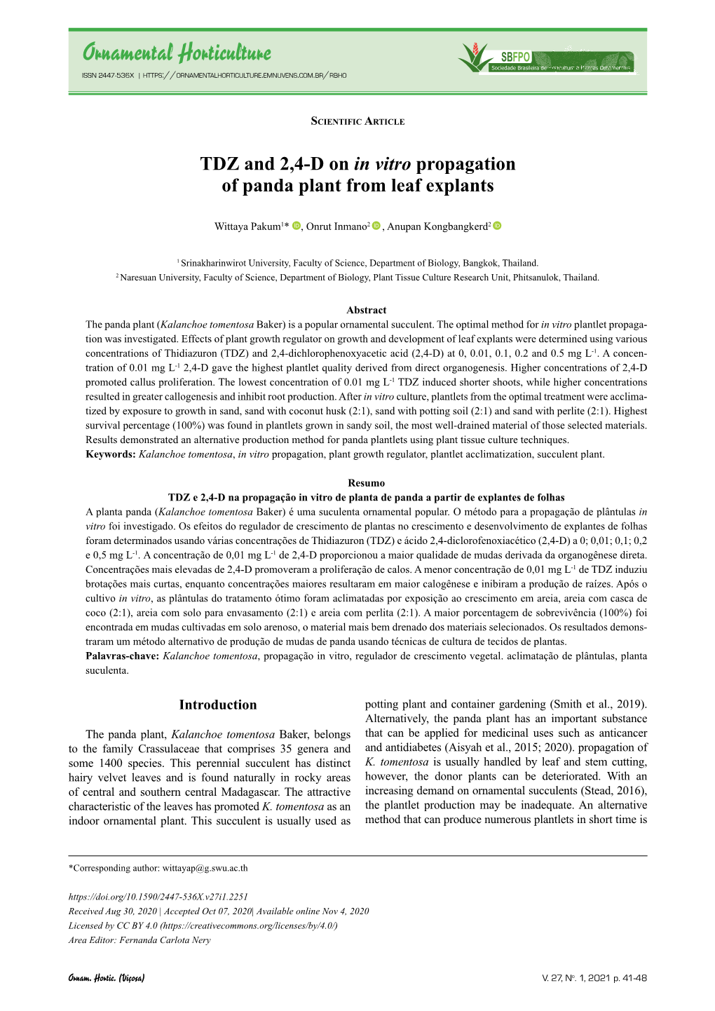 TDZ and 2,4-D on in Vitro Propagation of Panda Plant from Leaf Explants