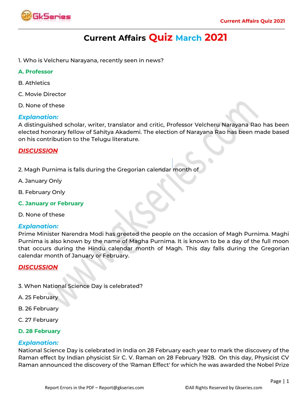 Current Affairs Quiz March 2021