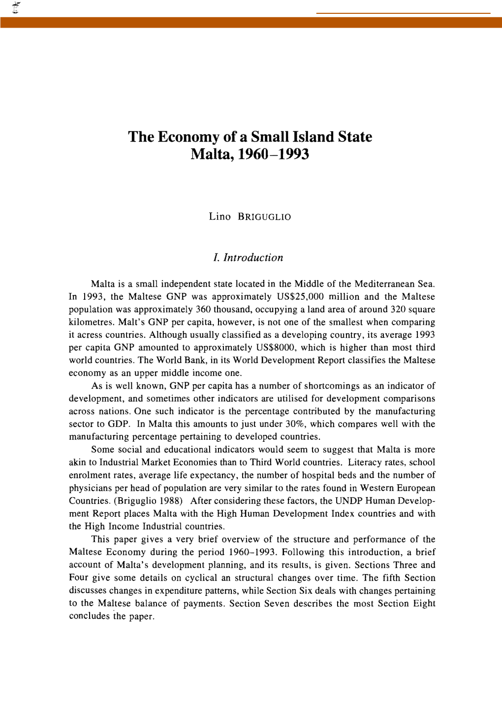 The Economy of a Small Island State Malta, 1960-1993