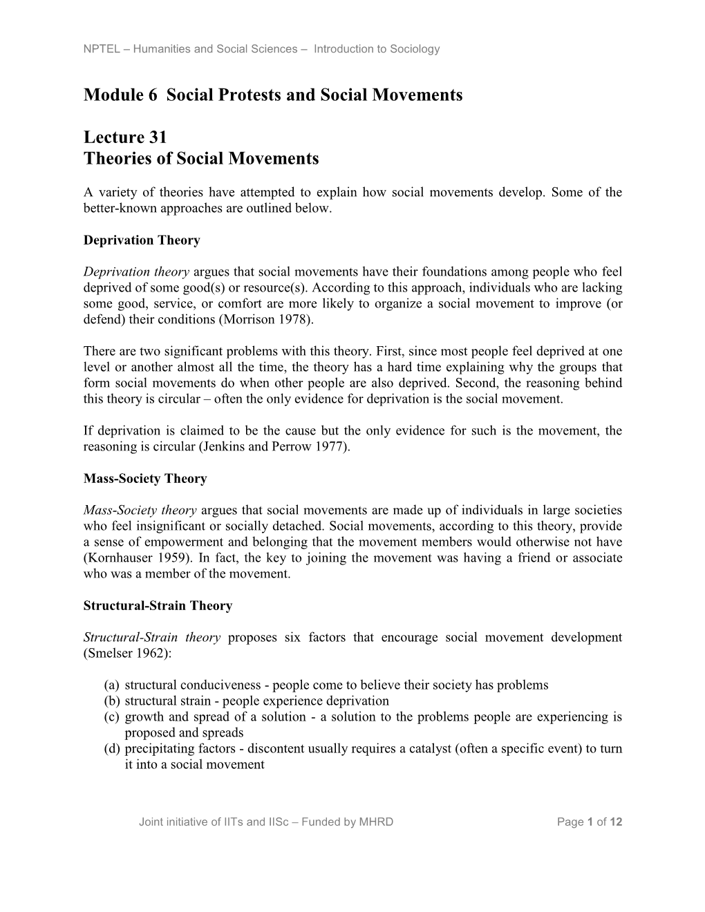 Module 6 Social Protests and Social Movements Lecture 31 Theories of Social Movements