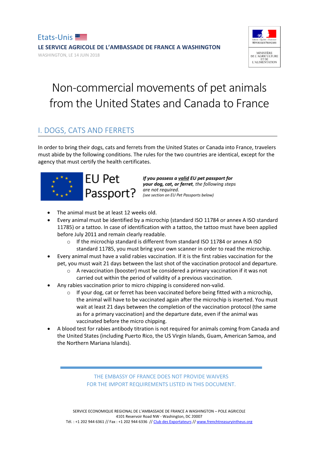 Non-Commercial Movements of Pet Animals from the United States and Canada to France