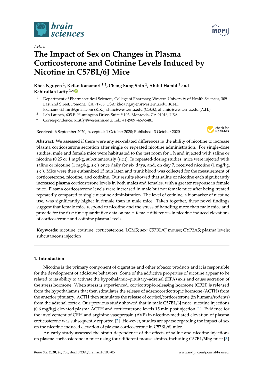 The Impact of Sex on Changes in Plasma Corticosterone and Cotinine Levels Induced by Nicotine in C57BL/6J Mice