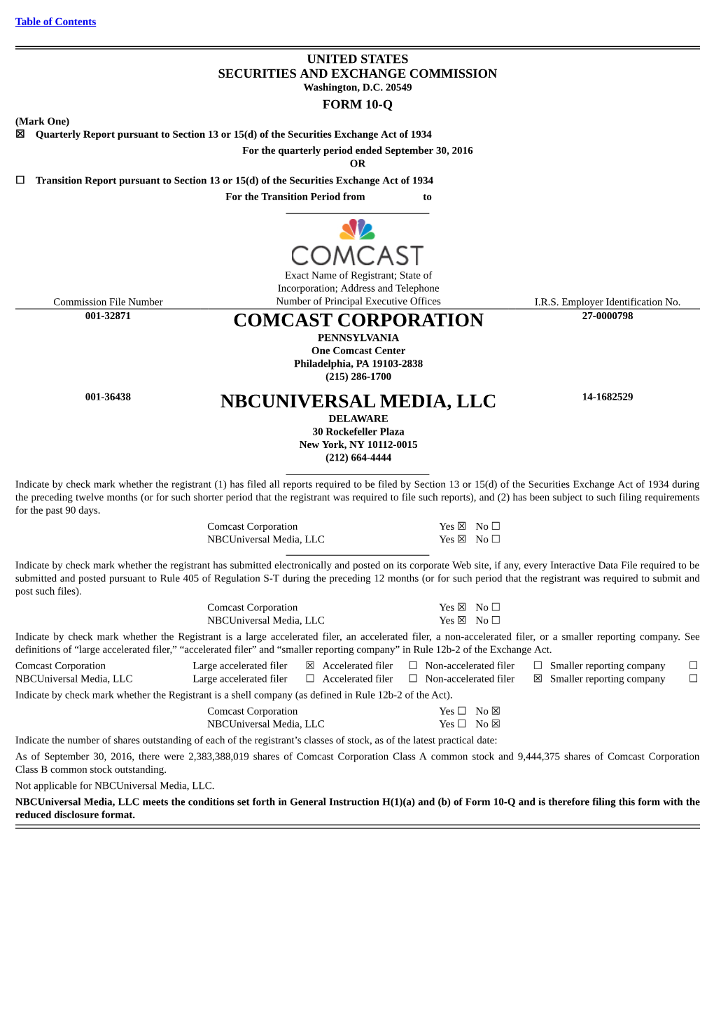 Comcast Corporation Nbcuniversal Media