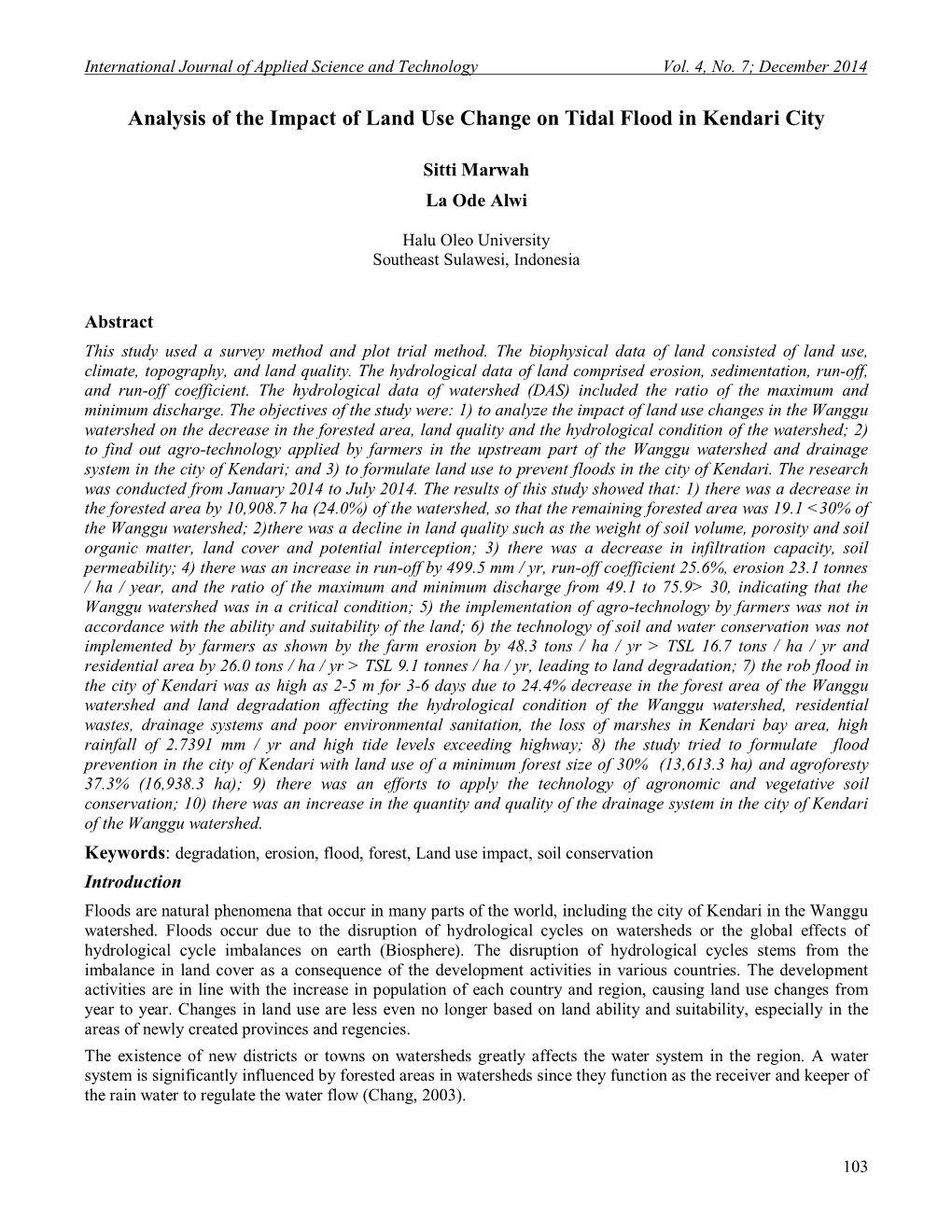 Analysis of the Impact of Land Use Change on Tidal Flood in Kendari City