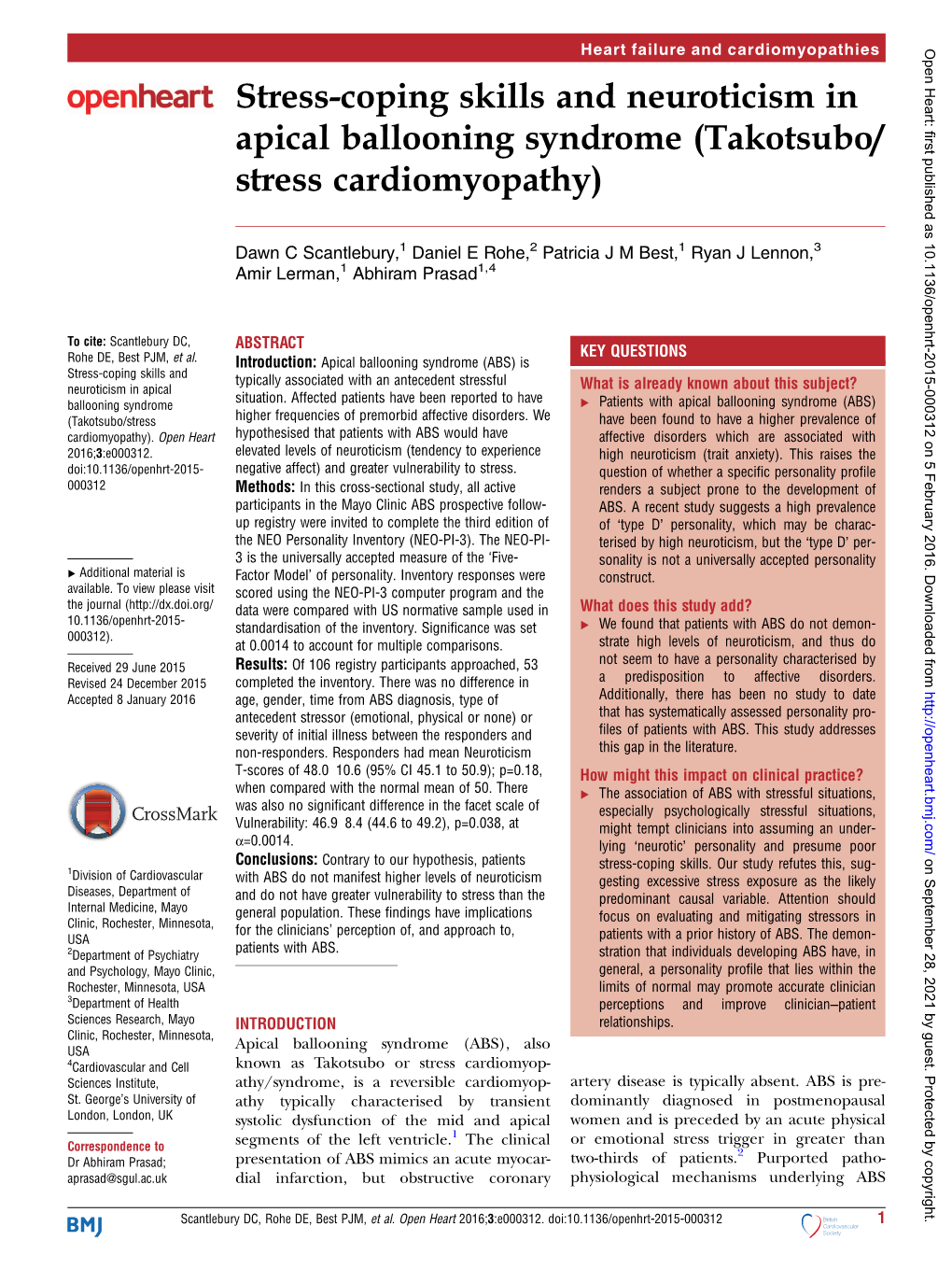 Stress-Coping Skills and Neuroticism in Apical Ballooning Syndrome (Takotsubo/ Stress Cardiomyopathy)