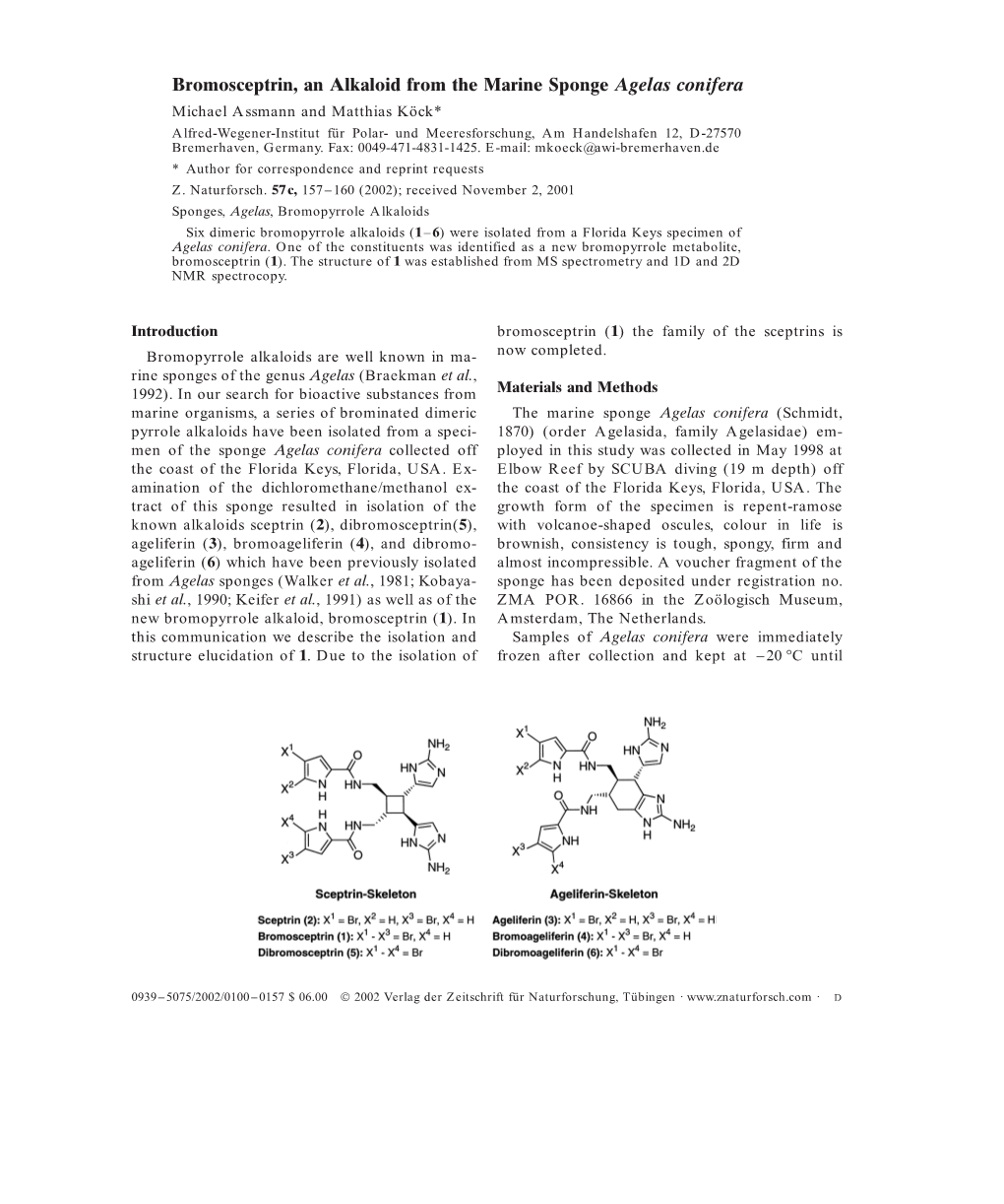 Bromosceptrin, an Alkaloid from the Marine Sponge Agelas
