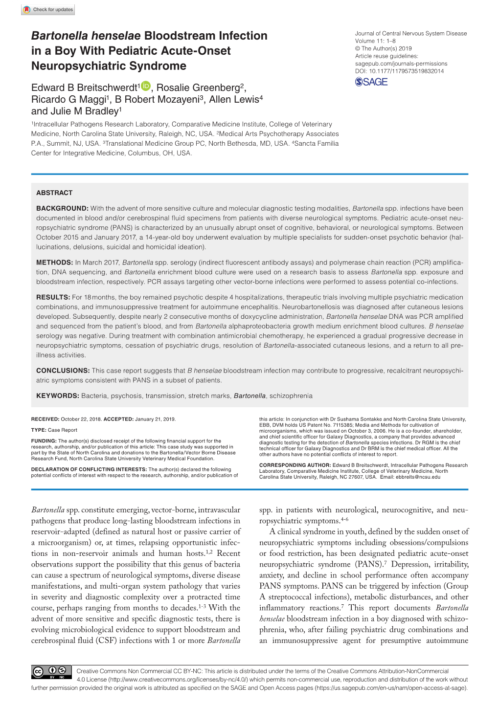 Bartonella Henselae Bloodstream Infection in a Boy with Pediatric