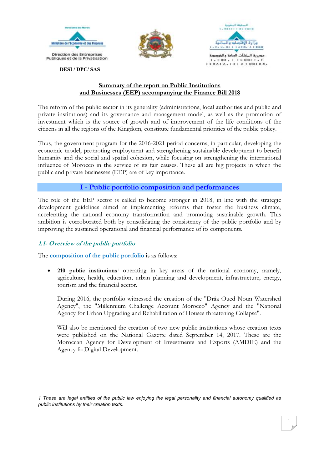 Summary of the Report on Public Institutions and Businesses (EEP) Accompanying the Finance Bill 2018