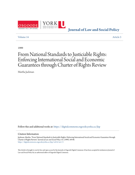 From National Standards to Justiciable Rights: Enforcing International Social and Economic Guarantees Through Charter of Rights Review Martha Jackman
