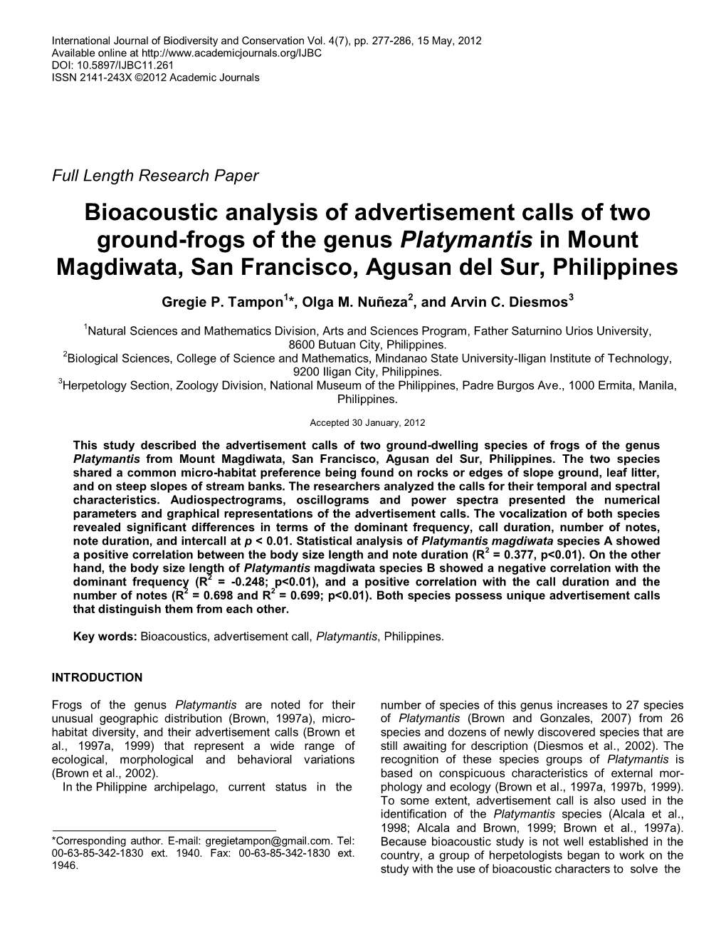 Bioacoustic Analysis of Advertisement Calls of Two Ground-Frogs of the Genus Platymantis in Mount Magdiwata, San Francisco, Agusan Del Sur, Philippines