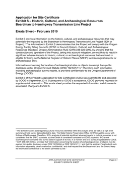 Application for Site Certificate Exhibit S – Historic, Cultural, and Archaeological Resources Boardman to Hemingway Transmission Line Project