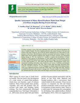 Quality Assessment of Mince Based Products Made from Mrigal (Cirrhinus Mrigala) During Frozen Storage