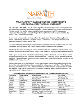 Atlanta Tipoff Club Announces Naismith Boy’S High School Early Season Watch List