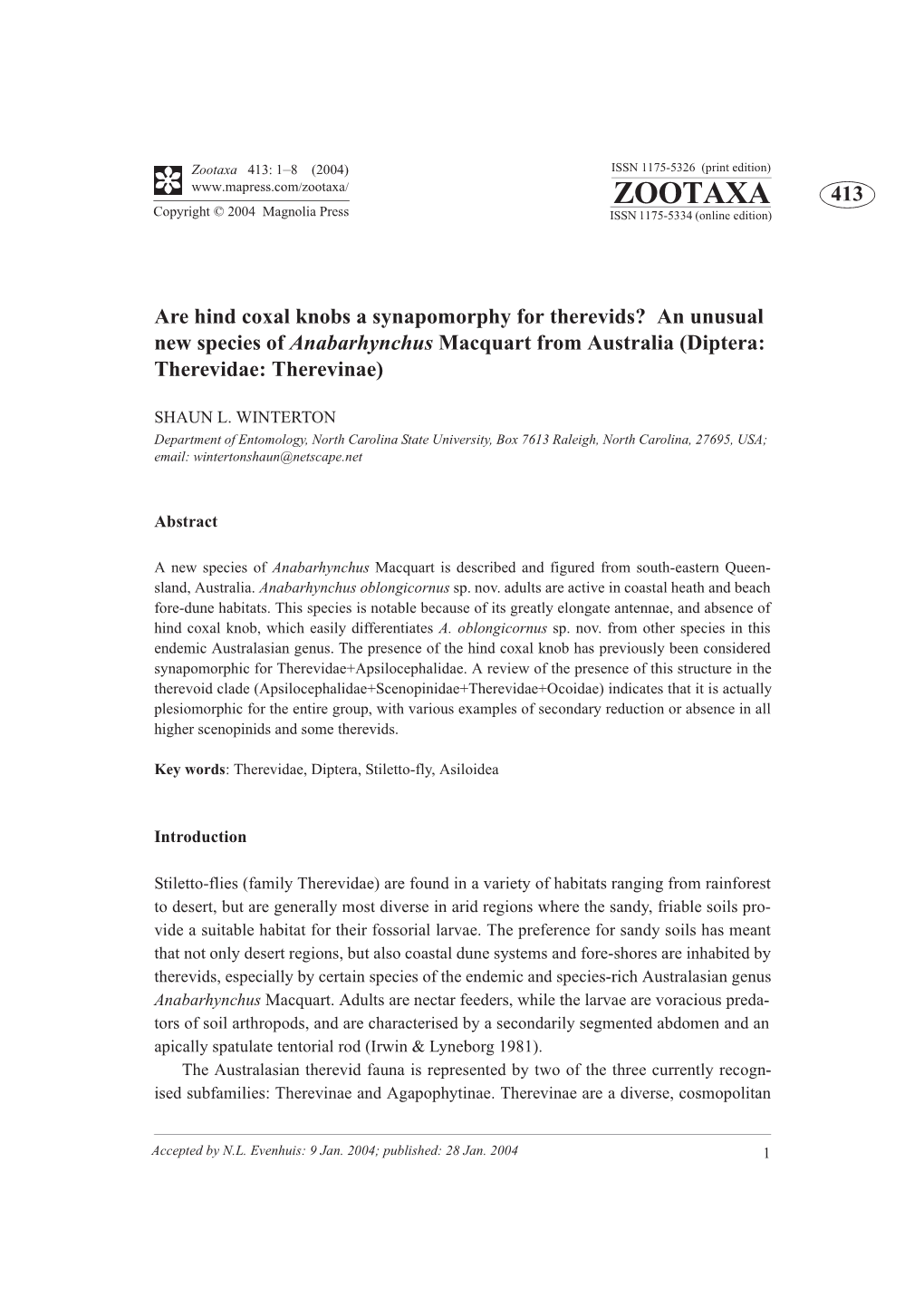 Zootaxa 413: 1–8 (2004) ISSN 1175-5326 (Print Edition) ZOOTAXA 413 Copyright © 2004 Magnolia Press ISSN 1175-5334 (Online Edition)