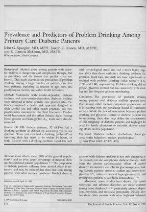Prevalence and Predictors of Problem Drinking Among Primary Care Diabetic Patients John G