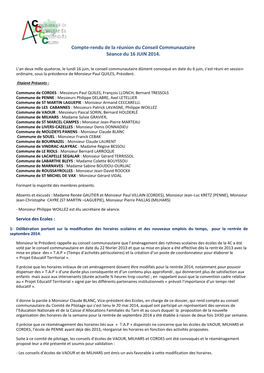 Compte-Rendu De La Réunion Du Conseil Communautaire Séance Du 16 JUIN 2014