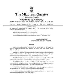 The Mizoram Gazette EXTRA ORDINARY Published by Authority RNI No