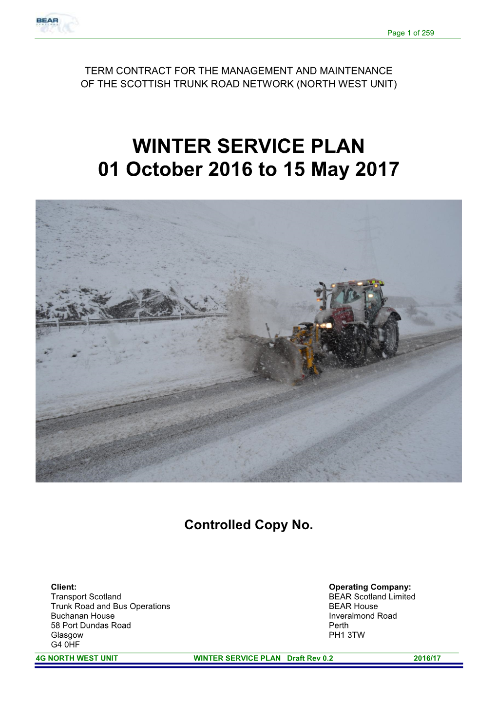 WINTER SERVICE PLAN 01 October 2016 to 15 May 2017