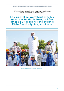 Le Carnaval De Wormhout Avec Les Géants Le Roi Des Mitrons, Le Frère Jumeau Du Roi Des Mitrons, Mélanie, Michel'tje, Joséphine, Antoinette � � � � � � � � � � � � 