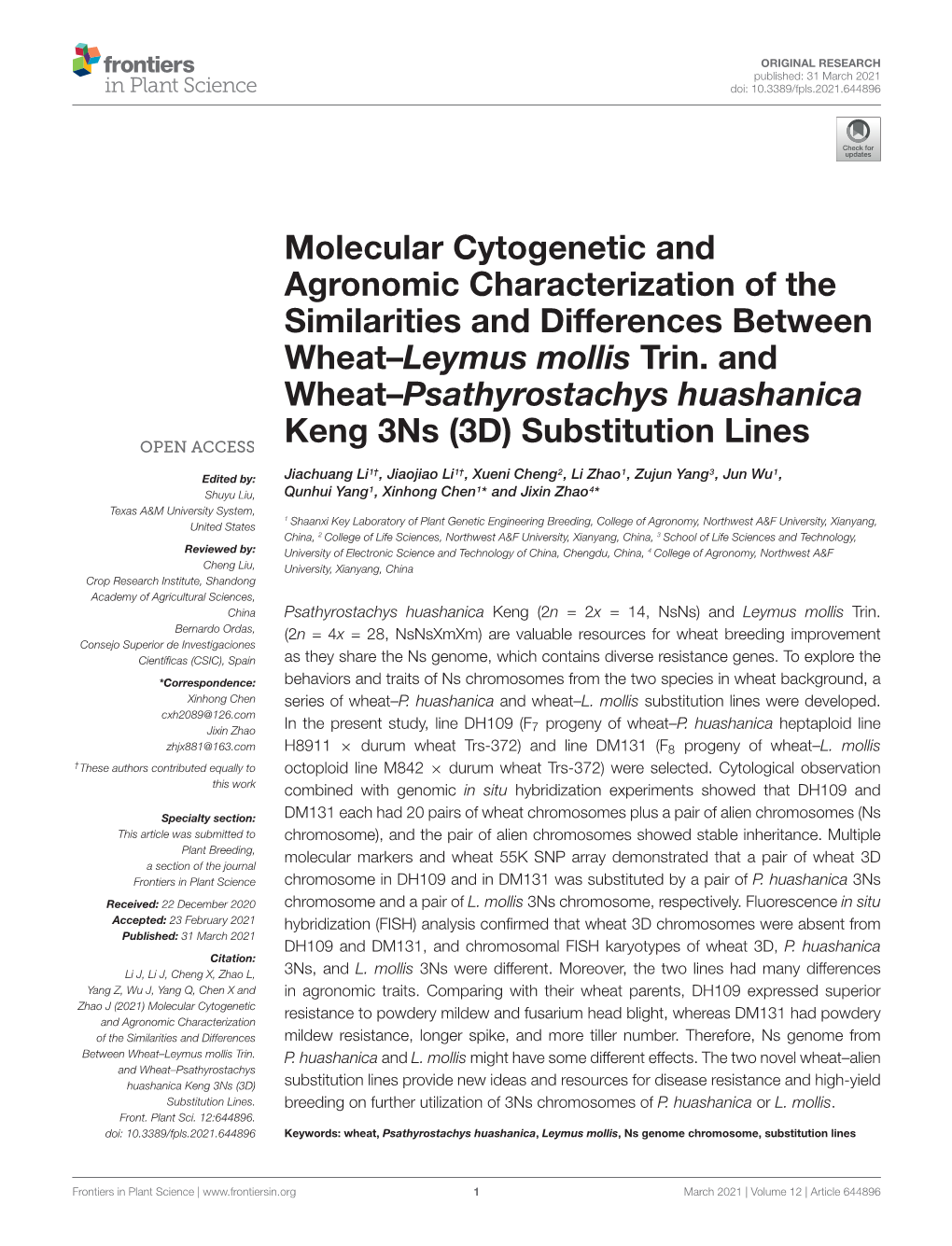 Molecular Cytogenetic and Agronomic Characterization of the Similarities and Differences Between Wheat–Leymus Mollis Trin