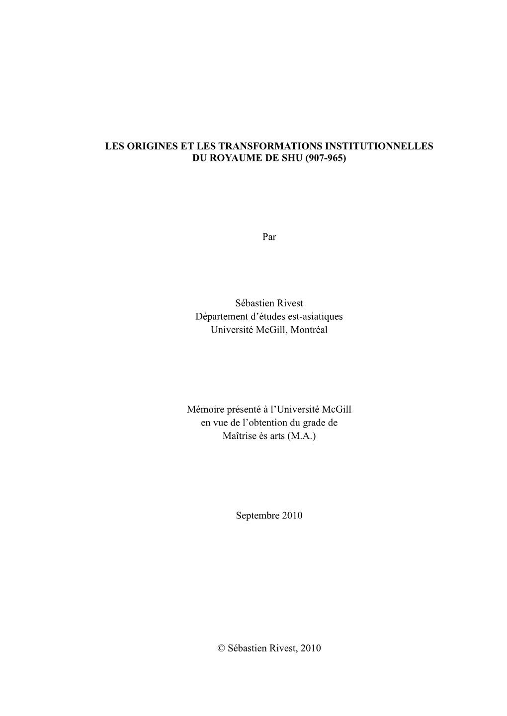 Les Origines Et Les Transformations Institutionnelles Du Royaume De Shu (907-965)