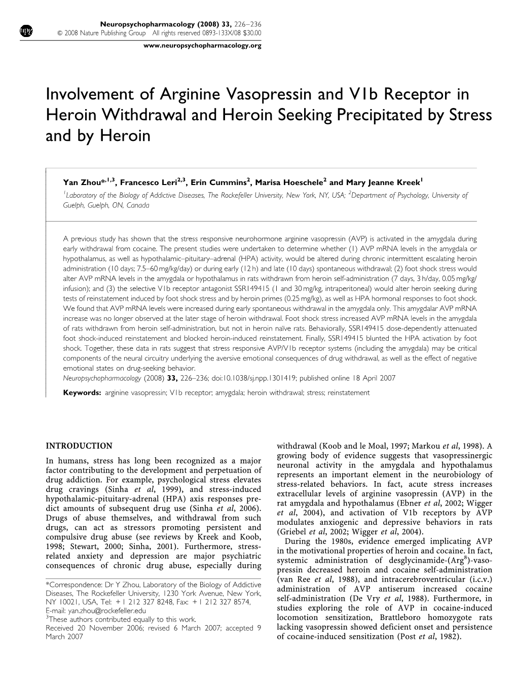Involvement of Arginine Vasopressin and V1b Receptor in Heroin Withdrawal and Heroin Seeking Precipitated by Stress and by Heroin