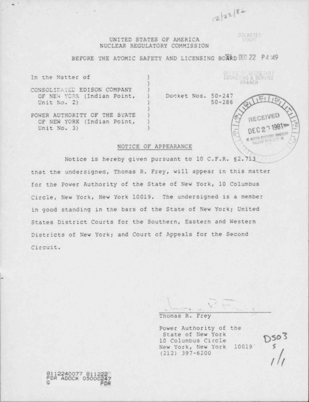 Notices of Appearance in Proceeding.Certificate of Svc Encl