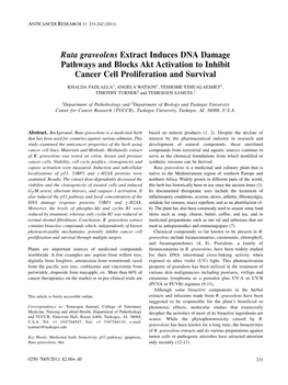 Ruta Graveolens Extract Induces DNA Damage Pathways and Blocks Akt Activation to Inhibit Cancer Cell Proliferation and Survival