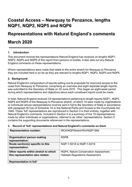 Coastal Access – Newquay to Penzance, Lengths NQP1, NQP2, NQP5 and NQP6 Representations with Natural England’S Comments