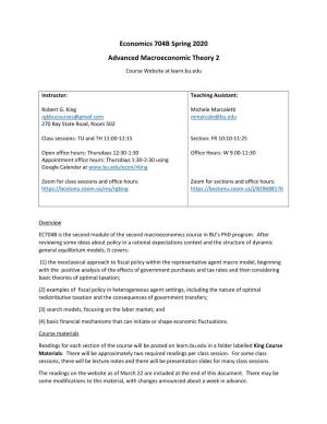 Economics 704B Spring 2020 Advanced Macroeconomic Theory 2 Course Website at Learn.Bu.Edu