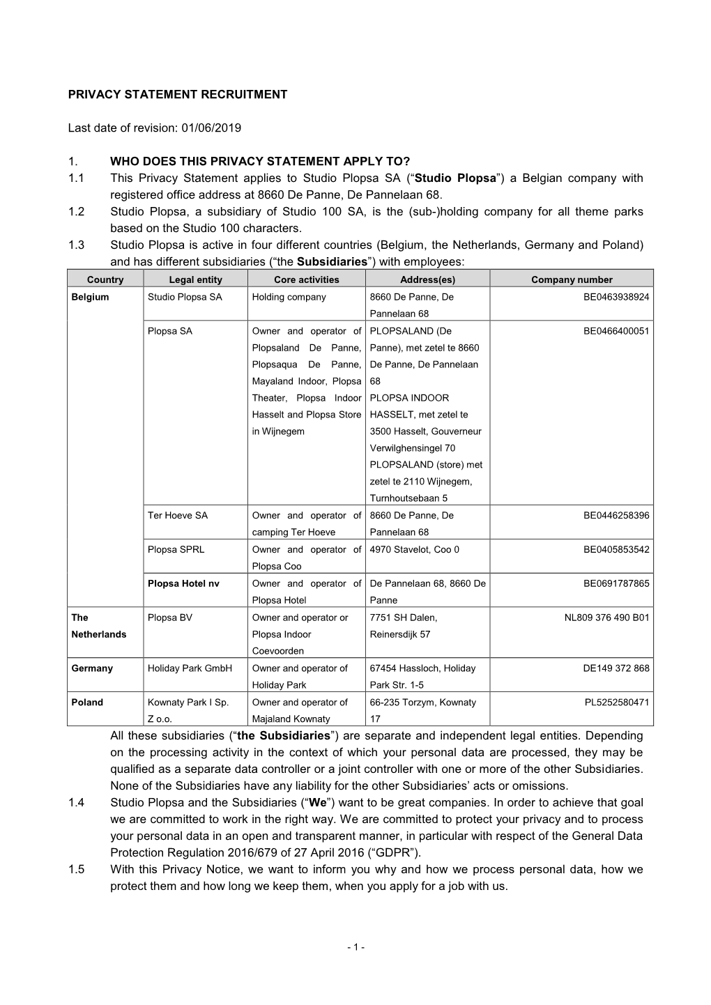 PRIVACY STATEMENT RECRUITMENT Last Date of Revision: 01/06/2019 1. WHO DOES THIS PRIVACY STATEMENT APPLY TO? 1.1 This Privacy