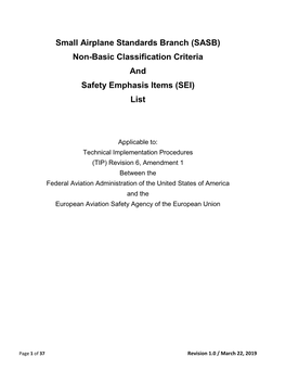 Small Airplane Standards Branch (SASB) Non-Basic Classification Criteria and Safety Emphasis Items (SEI) List
