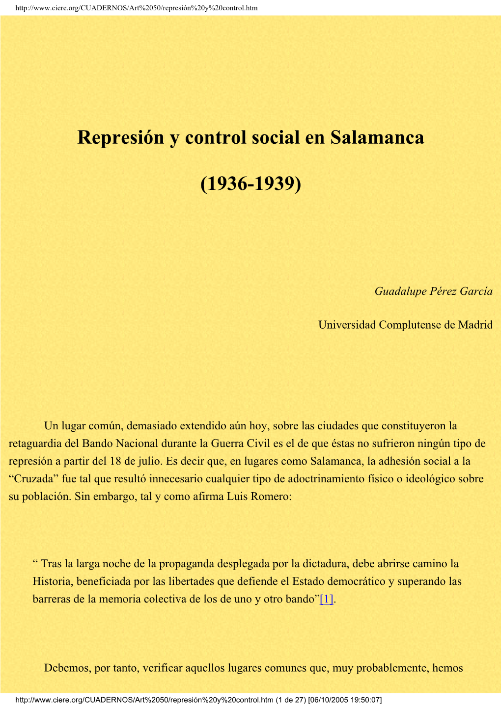 Represión Y Control Social En Salamanca (1936-1939)