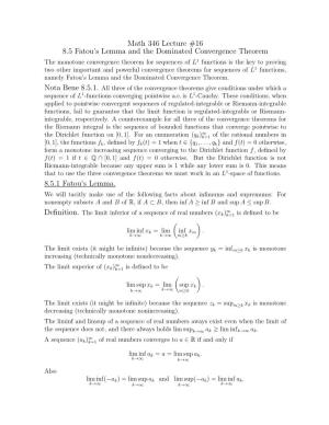 Math 346 Lecture #16 8.5 Fatou's Lemma and the Dominated Convergence Theorem 8.5.1 Fatou's Lemma
