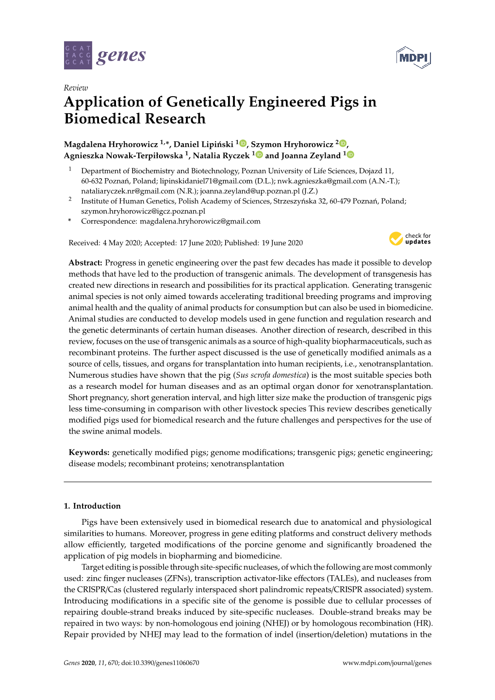 Application of Genetically Engineered Pigs in Biomedical Research