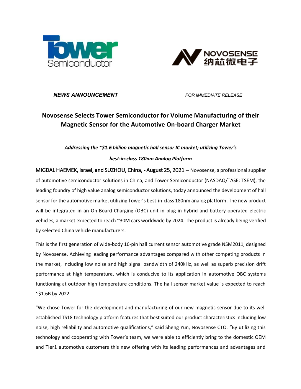 Novosense Selects Tower Semiconductor for Volume Manufacturing of Their Magnetic Sensor for the Automotive On-Board Charger Market