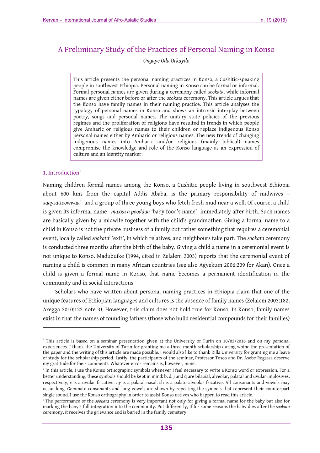 A Preliminary Study of the Practices of Personal Naming in Konso Ongaye Oda Orkaydo