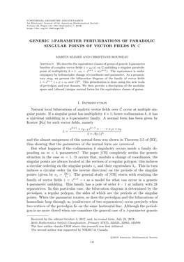 Generic 2-Parameter Perturbations of Parabolic Singular Points of Vector Fields in C