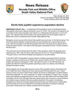 News Release: Devils Hole Pupfish Experience Population Decline