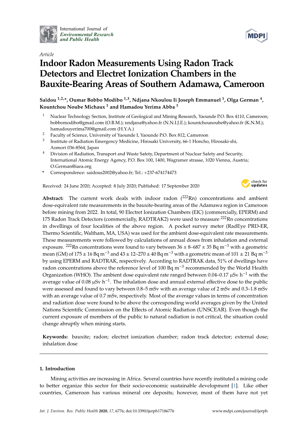 Indoor Radon Measurements Using Radon Track Detectors and Electret Ionization Chambers in the Bauxite-Bearing Areas of Southern Adamawa, Cameroon