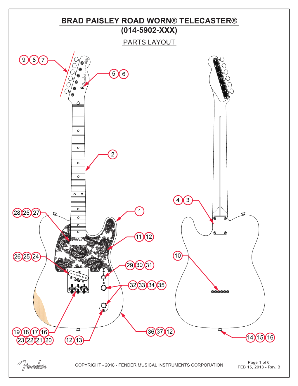 Brad Paisley Road Worn® Telecaster® (014-5902-Xxx) Parts Layout