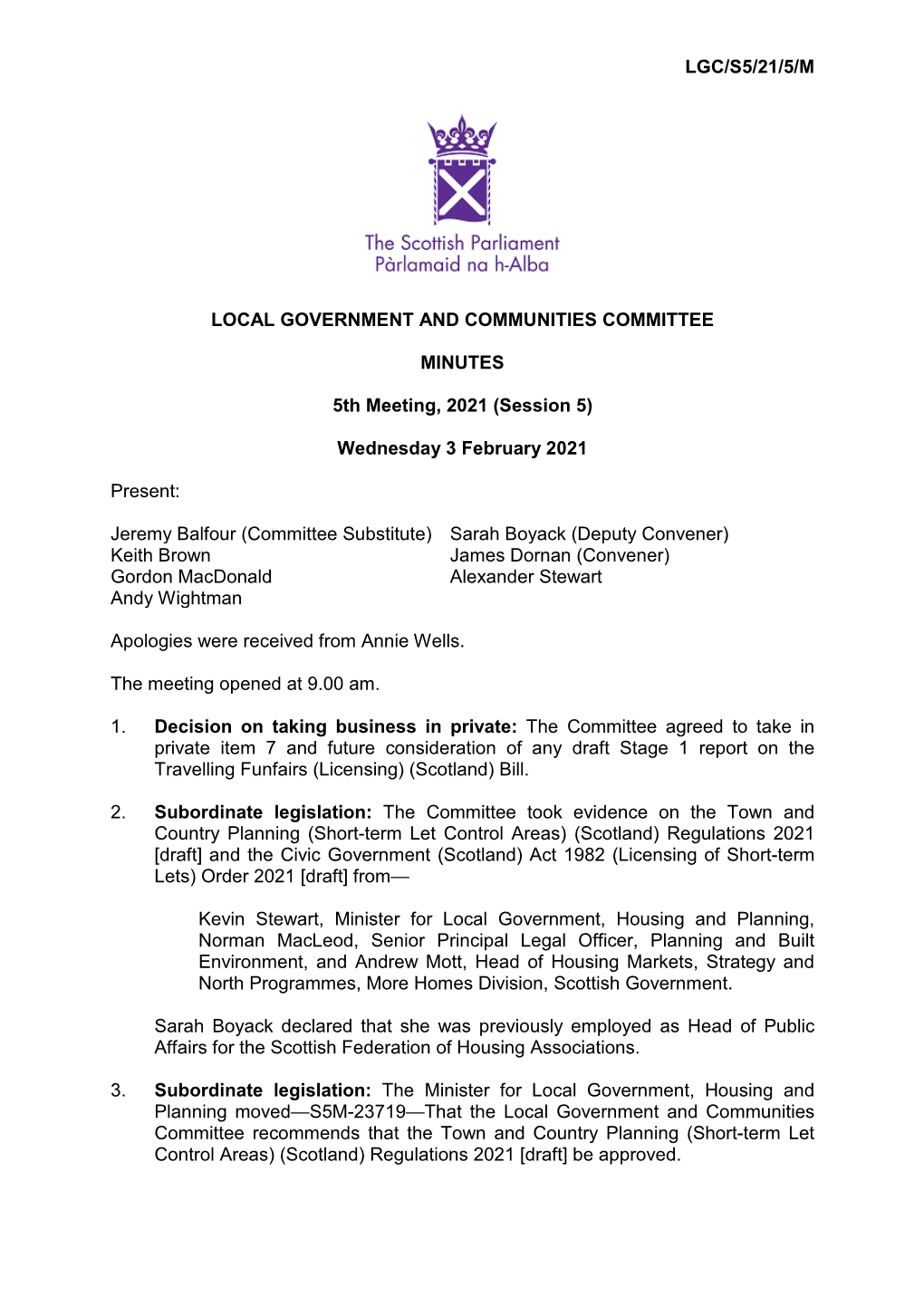 LGC/S5/21/5/M LOCAL GOVERNMENT and COMMUNITIES COMMITTEE MINUTES 5Th Meeting, 2021 (Session 5) Wednesday 3 February 2021 Present