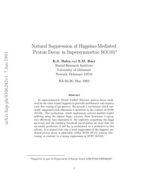 Natural Suppression of Higgsino-Mediated Proton Decay in Supersymmetric SO (10)