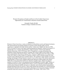 Women's Perceptions of Gender and Power in Post-Conflict Timor-Leste: Opportunities for Transformative Education Around Gender Roles